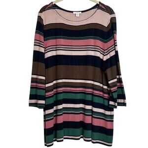 J Jill Striped Tunic Sweater Petite XL Brown Navy Pink Green 3/4 Sleeve